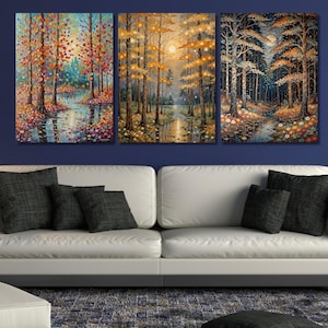 Set Of 3 Gustav Klimt Night Village Night Print, Klimt Moon Stars Canvas Wall Art Modern Living Room Gold Flowers Night Sky wall art decor