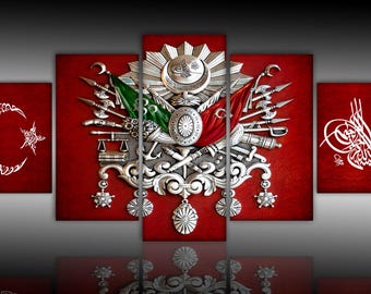 5 part Ottoman monogram canvas Wall Art painting,crescent and star,canvas painting,Ottoman Symbol, ottoman coat of arms, canvas  wall decor,