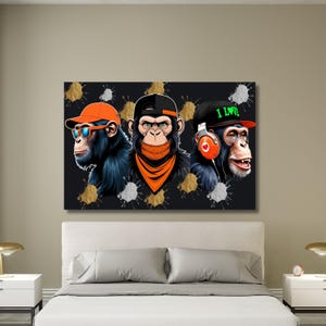 Three Wise Monkeys Canvas Wall Art,No See No Hear No Speak Monkey Poster Three Wise Monkeys Wall Art monkey art print Abstract Monkey gift