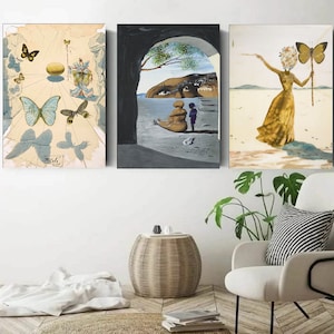 Set Of 3 Salvador Dali Canvas Wall Art  Galatea of the Spheres Prints, Salvador Dali Fleurs Wall Art, Dali Exhibition wall art decor