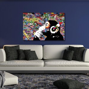 Banksy Monkey With Headphones Wall art Large Bansky Thinking Dj Chimp canvas art Music Street Art Graffiti Gorilla Thinker Mural Canvas art