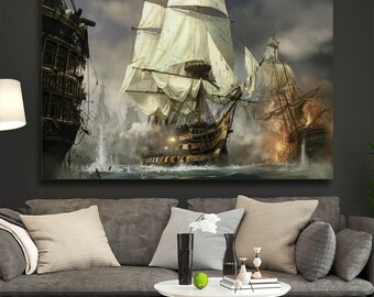 Impresión en lienzo de barco pirata, arte mural de velero, impresión de barco Napoleón, mural de pared de barco pirata, arte mural en lienzo de barco Napoleón, barcos piratas