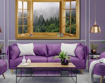 Window View Canvas open window canvas Forest wall art Canvas Wall Art Forest Tree print Forest River painting Nature wall art Living room