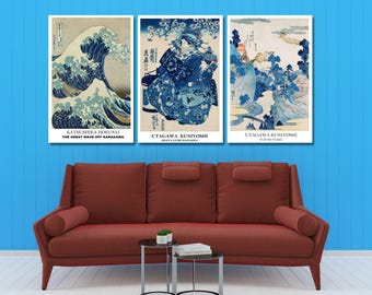 Set of 3 Japanese Canvas Wall Art japanese decor japanese wall art Utagawa Kuniyoshi Ukiyo e poster Kanagawa Great Wave Hokusai Canvas