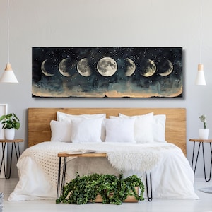May include: A rectangular wall art print featuring a horizontal sequence of seven moon phases against a dark, starry night sky. The composition transitions from a crescent moon to a full moon and back to a crescent, set above a dark horizon.