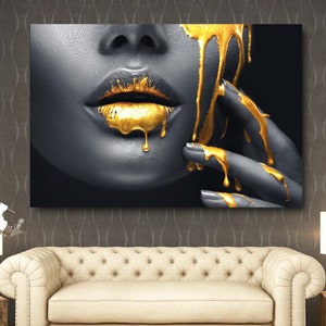 American Woman with Gold Lips Black gold Canvas Wall Art African Wall Art Fashion African Woman canvas African Luxury Golden Liquid Drops