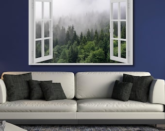 Window View Canvas open window canvas Forest wall art Canvas Wall Art Forest Tree print Forest River painting Nature wall art Living room