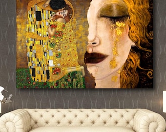Lienzo "El beso y las lágrimas de Freya", arte mural en lienzo, decoración de pared personalizada, "Las lágrimas de oro", decoración de pared de mujer, decoración de lienzo famosa, Gustav Klimt