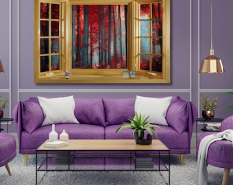 Window View Canvas open window canvas Forest wall art Canvas Wall Art Forest Tree print Forest River painting Nature wall art Living room