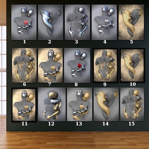 3er Set Liebe Herz Grau Print,Leinwand 3D-Effekt Druck,Liebe Herz Wandkunst,Umarmung Paar Gemälde,Leinwand Liebe Herz Kunst,Silber Wand Desing