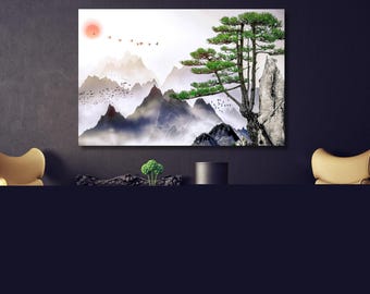 Japanese Landscape Painting Pine Trees Canvas Wall Art,Cloud and Sunrise,Japanese Painting,Japan Print Wall Decor Japanese Canvas Wall Art
