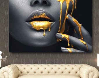 Cuadro "Labios Dorados": Retrato de mujer africana, decoración de pared de lujo.