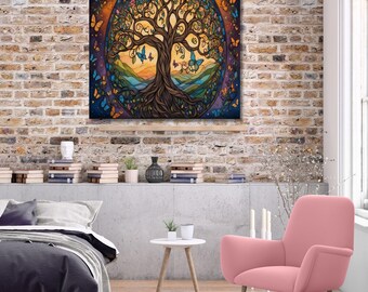 Quadro su tela "Albero della Vita", stampa ispirata alla mitologia celtica e norrena.