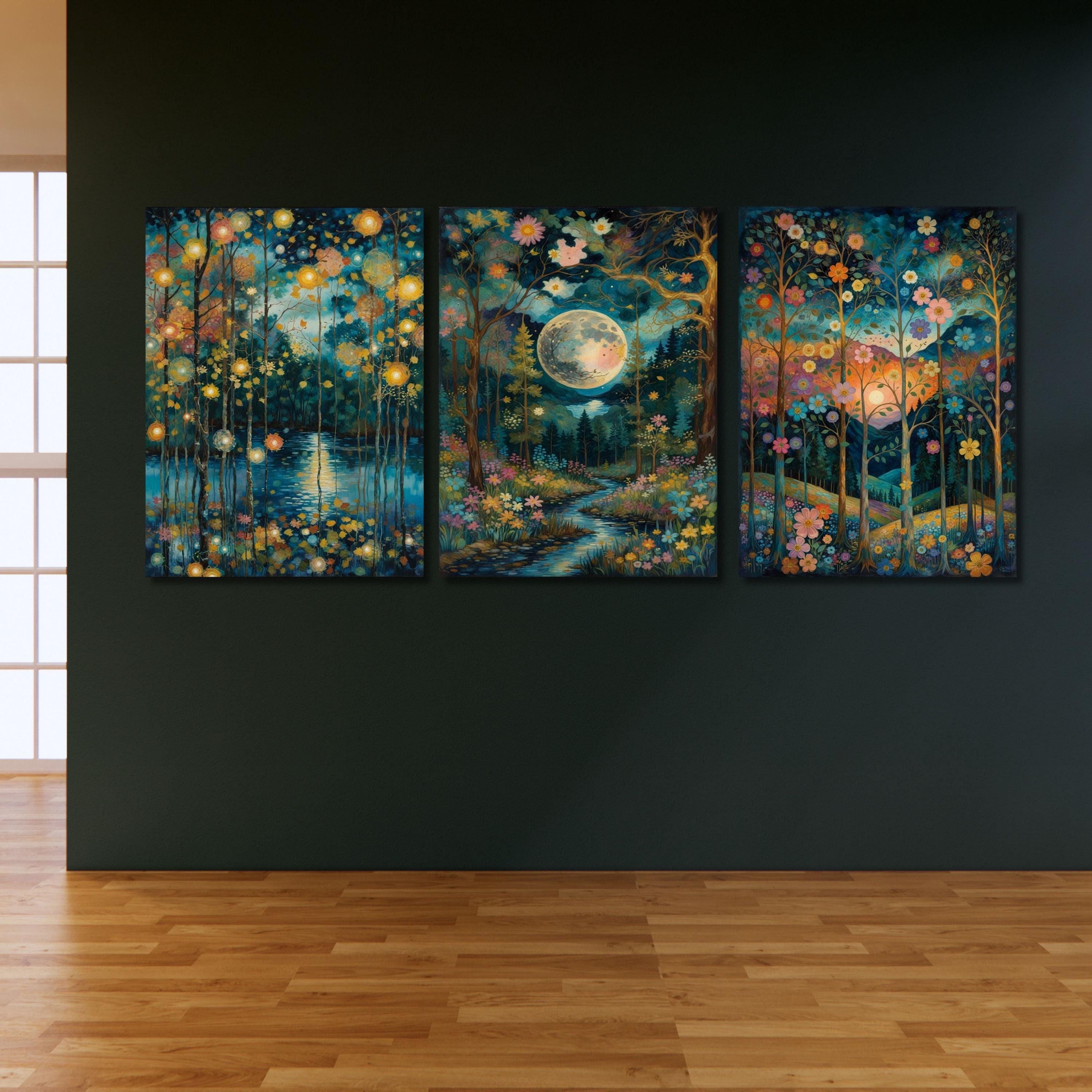 Set Of 3 Gustav Klimt Night Village Night Print, Klimt Moon Stars Canvas Wall Art Modern Living Room Gold Flowers Night Sky wall art decor