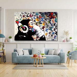 Banksy Scimmia con le cuffie Arte murale Grande Bansky che pensa Dj Scimmia Arte su tela Musica Street Art Graffiti Gorilla Pensatore Murale Arte su tela