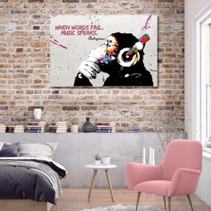 Banksy Monkey With Headphones Wall art Large Bansky Thinking Dj Chimp canvas art Music Street Art Graffiti Gorilla Thinker Mural Canvas art