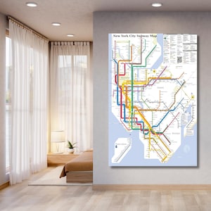 May include: A vertical wall art print titled New York City Subway Map, featuring a detailed transit diagram with color-coded lines representing various subway routes across Manhattan, Queens, Brooklyn, and Staten Island on a light blue background.
