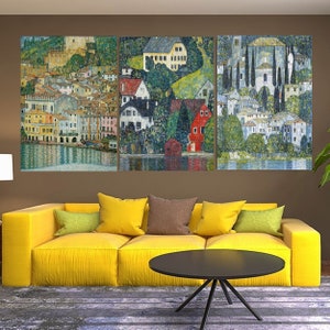 Set Of 3 Gustav Klimt Canvas Art Kirche in Cassone Art, Houses in unterach Prints, Gustav Klimt Wall Art,Nouveau Prints, Klimt Exhibition