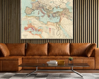 Kaart van het Romeinse Rijk, canvas wanddecoratie. Grote kaarten die oude landen illustreren, geschikt voor schoolgebruik. Kaart van Europa, geschiedenis, vintage picturale kaart op canvas.