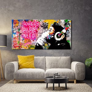 Banksy DJ Affe Leinwand Wohnkultur, Wohnzimmer Wandkunst, Wanddekoration, Banksy denkender Affe, Straße gedruckt, Graffiti Affe Leinwand Poster