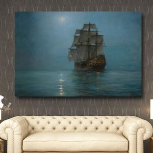 The Crescent Moon Painting by Montague Dawson Reproduction Canvas Wall Art Pirates Ship Canvas Wall Print, Sailboat Wall Art, Ship Printing