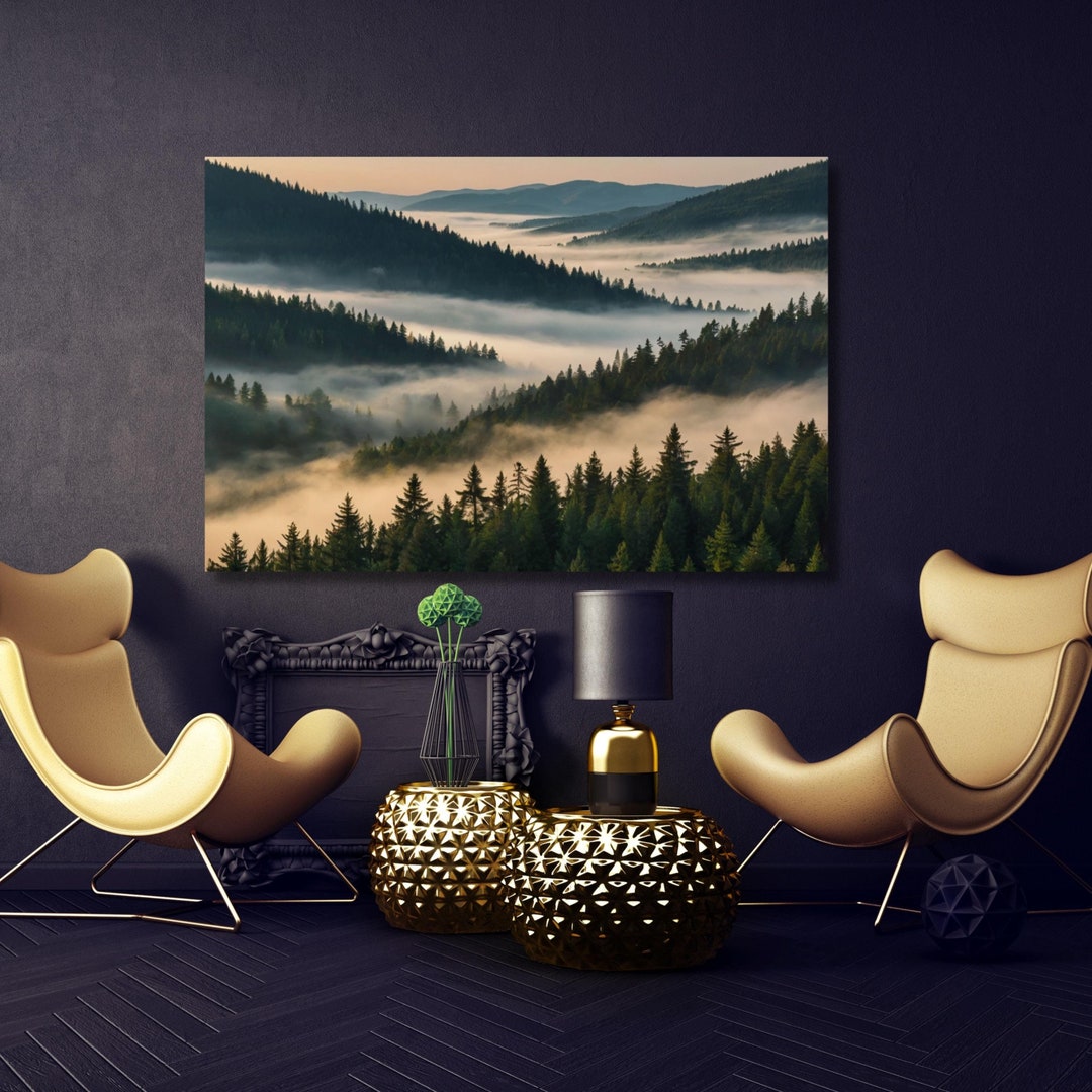 Morning Mist Over the Mountain Forest Canvas Wall Art Foggy Canvas ...