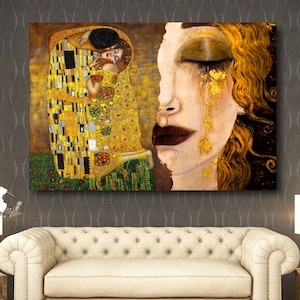 Kiss and Freya&#39;s Tears Canvas, Canvas Wall Art, Custom Wall Decor, The Golden Tears, Woman Wall Decor, Famous Canvas Decor, Gustav Klimt