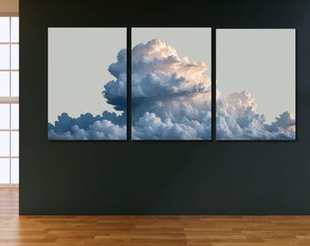 Set van 3 salie blauwe wolk canvas muurkunst, neutrale wolkenprint, abstracte kunstprint, minimalistisch, woonkamerdecor, ingelijste muurkunst, cadeaukunst