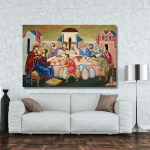 Christian Canvas Wall Art The Wedding at Cana icon, Orthodox Icon Jesus at Cana Wedding, Christian Icon, Catholic Print, Religious Wood Icon
