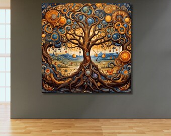 Quadro su tela con albero della vita, vetrata artistica, decorazione celtica per la casa, arte della mitologia norrena, stampa su vetrata artistica, pronto per essere appeso.
