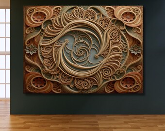 Lotus Mandala Canvas Wall Art: Bohemian Wood Look Sculpture