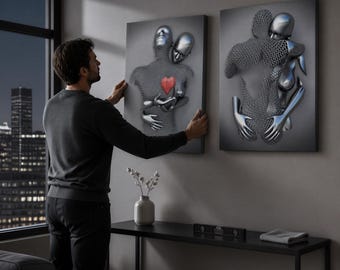 Canvas met hartmotief, moderne wanddecoratie met een knuffelend stel, set van twee prints | Gespannen of opgerold, diverse formaten