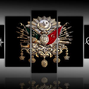 Pintura de pared en lienzo con monograma otomano de 5 partes, media luna y estrella, pintura en lienzo, símbolo otomano, escudo de armas otomano, decoración de pared en lienzo.