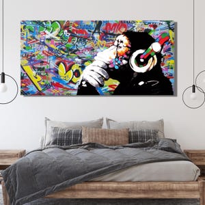 Banksy DJ Monkey Canvas Home Decor, Living Room Wall Art, Wall Decor, Banksy Thinking Monkey, Street Printed, Graffiti Monkey Canvas Poster