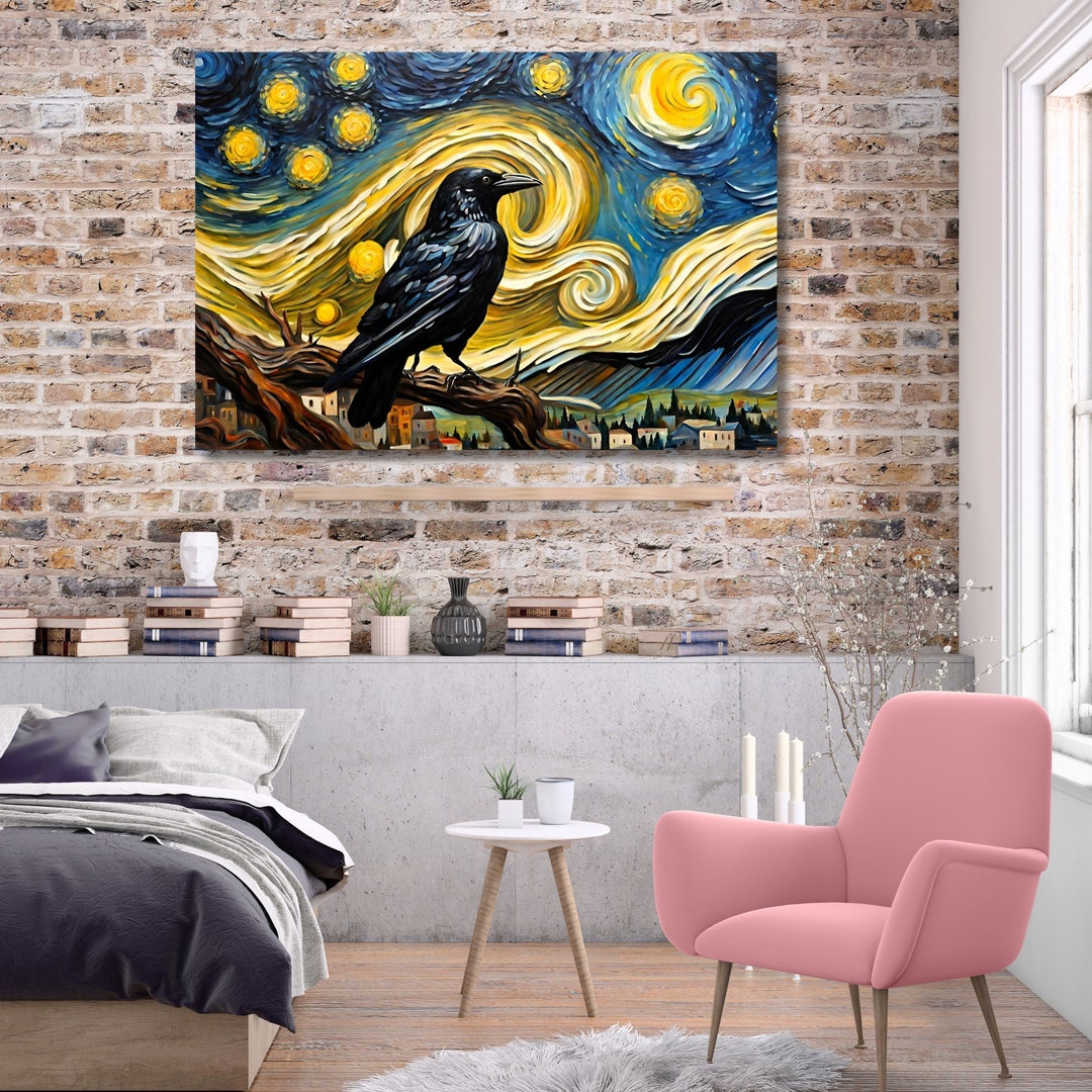 Starry Night and Black Crow Canvas Wall Art Crow Bird Wall Art, Raven