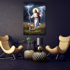 Lost Lamb Canvas Wall Art Jesus Running After a Lost Lamb, Jesus Lamb of Jesus, Jesus and Lamb No Words, Loss Sheep with Jesus Canvas Poster