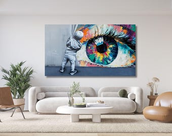 Banksy Colorful Eye Canvas Wall Art Graffiti Style Print Bold Street Inspired Decor for Living Room Bedroom Office or Gift for Art Lovers