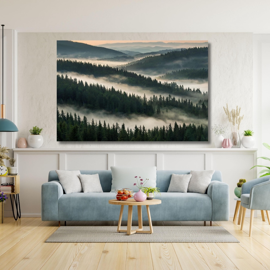 Morning Mist Over the Mountain Forest Canvas Wall Art Foggy Canvas ...