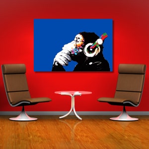 Banksy Monkey With Headphones Wall art - Large Bansky Thinking Dj Chimp canvas art Music Street Art Graffiti Gorilla Thinker Mural Canvas
