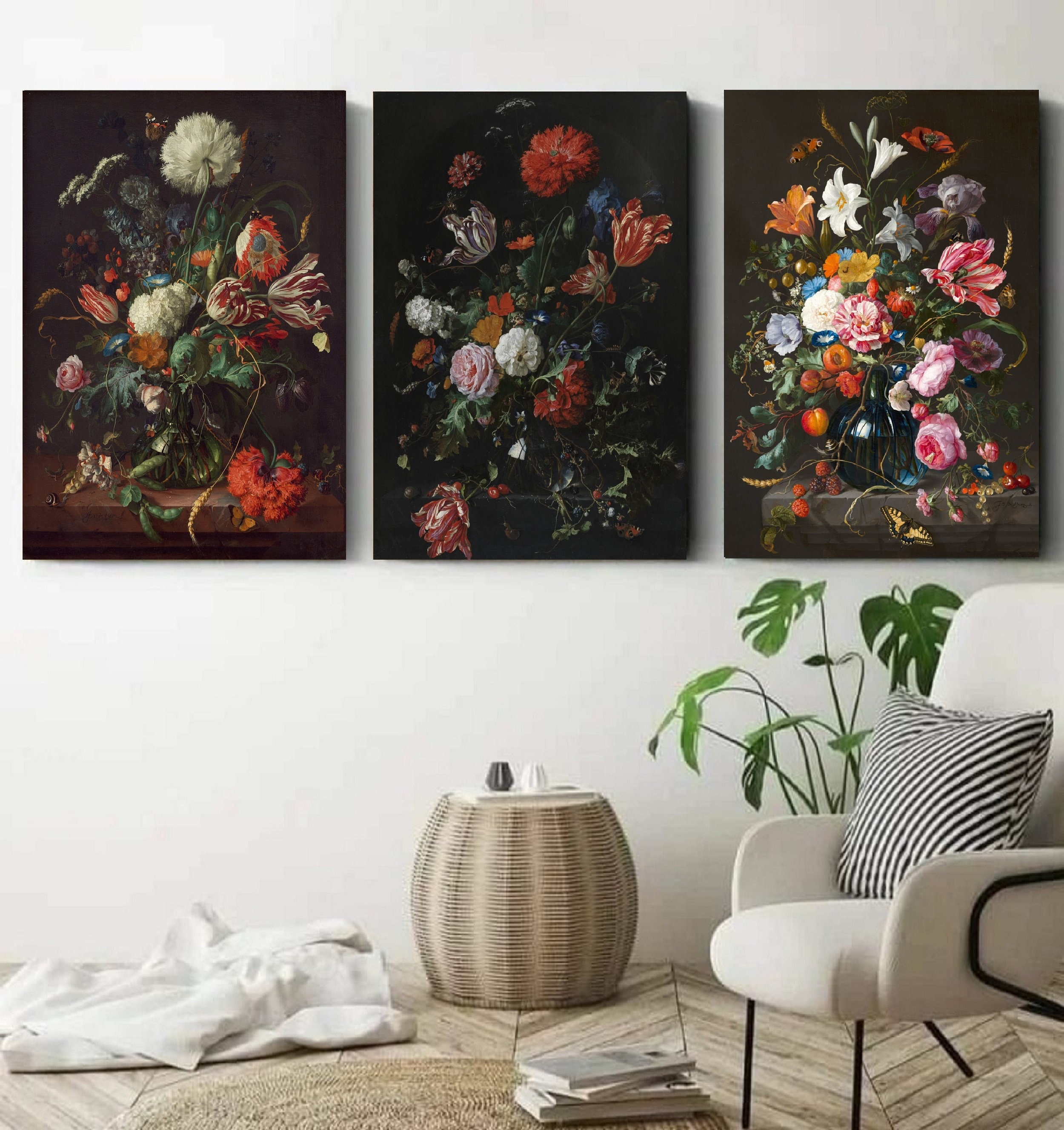 Jan Davidsz de Heem 作 花の蝶 3 枚セット キャンバス ウォールアート