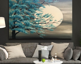 Tree and Moon Wall Art Moon Poster Canvas Green Tree Landscape Art blue tree and full moon canvas wall art full moon canvas painting