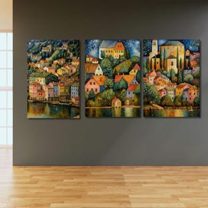 Set Of 3 Gustav Klimt Night Village Night Print, Klimt Moon Stars Canvas Wall Art Modern Living Room Gold Flowers Night Sky wall art decor