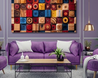 Colorful Tree Ring Canvas Art, Abstract Wood Grain Print