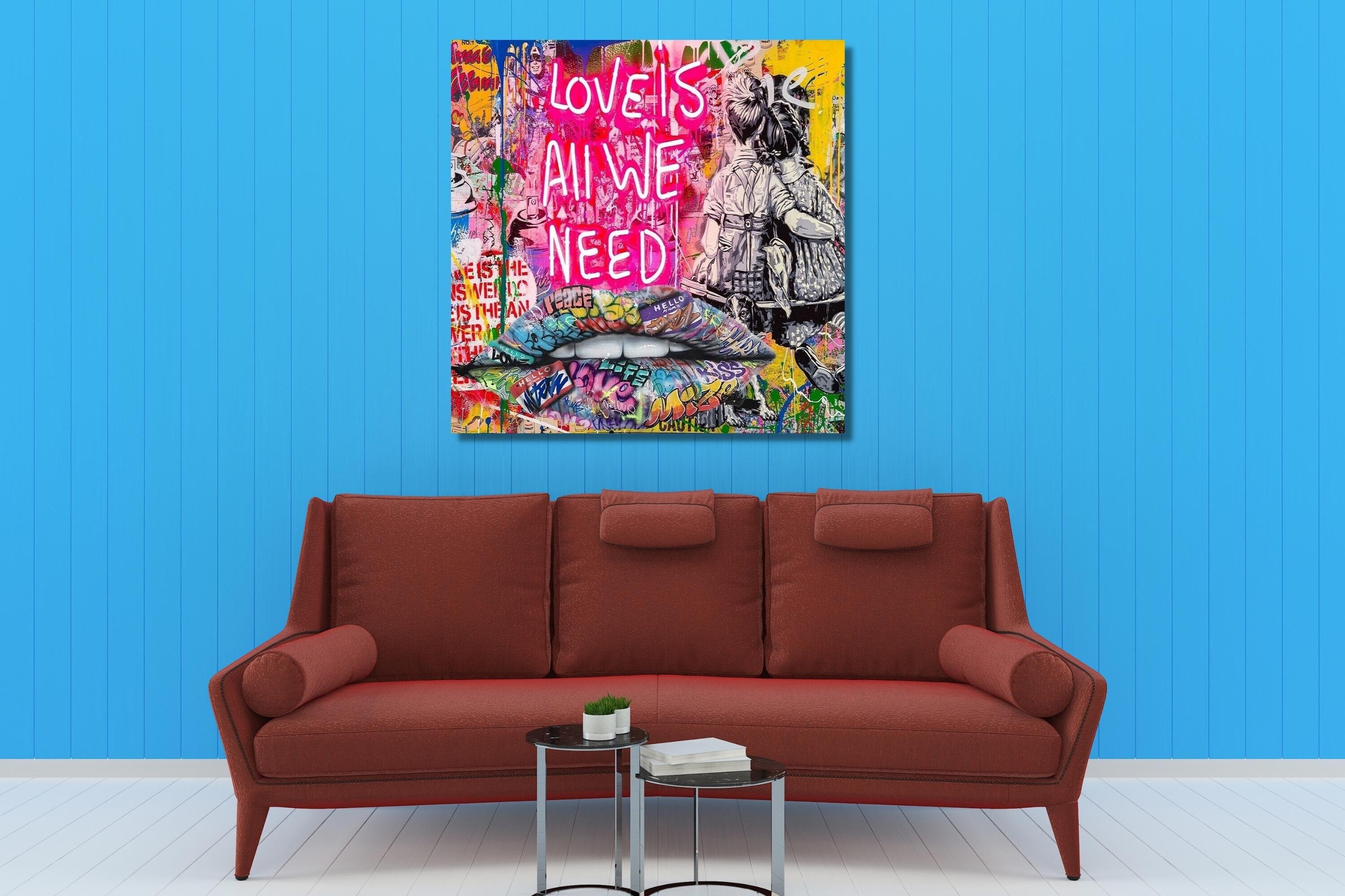 Lip Banksy Wall Art Love is All We Need Print Artgraffiti Etsy