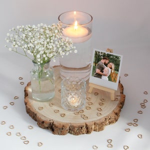 Rustic Wedding Table Centerpiece Set: Wood Slice, Vase, Tealight, Easel & Confetti