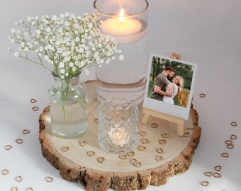 Complete Rustic Table Centrepiece Set - Wooden Slice, Pillar Vase + Candle, Easel, Geometric Tealight, Confetti - Wedding Table Decoration