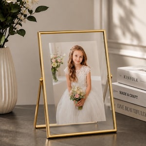 Gold Floating Glass Photo Frame, Modern Standing Picture Frame, Wedding Table Number Frame, Pressed Flower Display, 4x4 4x6 6x8