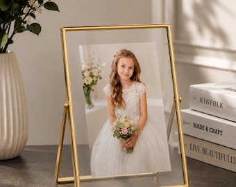 Gold Floating Glass Photo Frame, Modern Standing Picture Frame, Wedding Table Number Frame, Pressed Flower Display, 4x4 4x6 6x8
