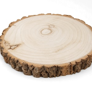May include: A circular wooden slice featuring a light-colored, smooth sanded top surface with visible natural grain patterns and a dark, textured bark edge. The piece displays a clear center ring and a small knot on the left side of the surface.