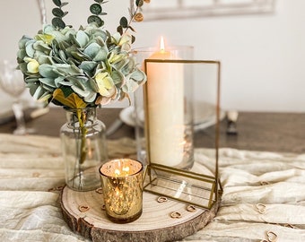 Complete Rustic Table Centrepiece Set - Wood Log Slice, Apothecary Vase, Frame, Candle Holders + Confetti - Wedding Table Decoration or Home